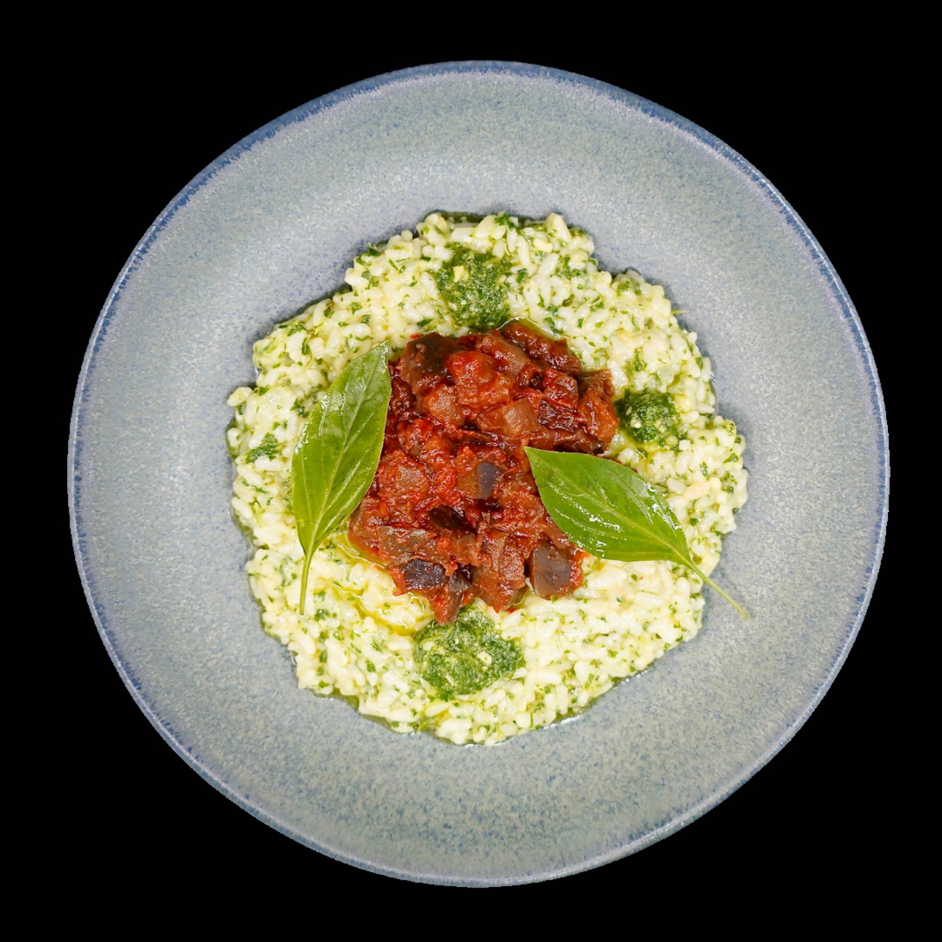 Risotto au pesto et aubergine à la tomate et mozzarelle