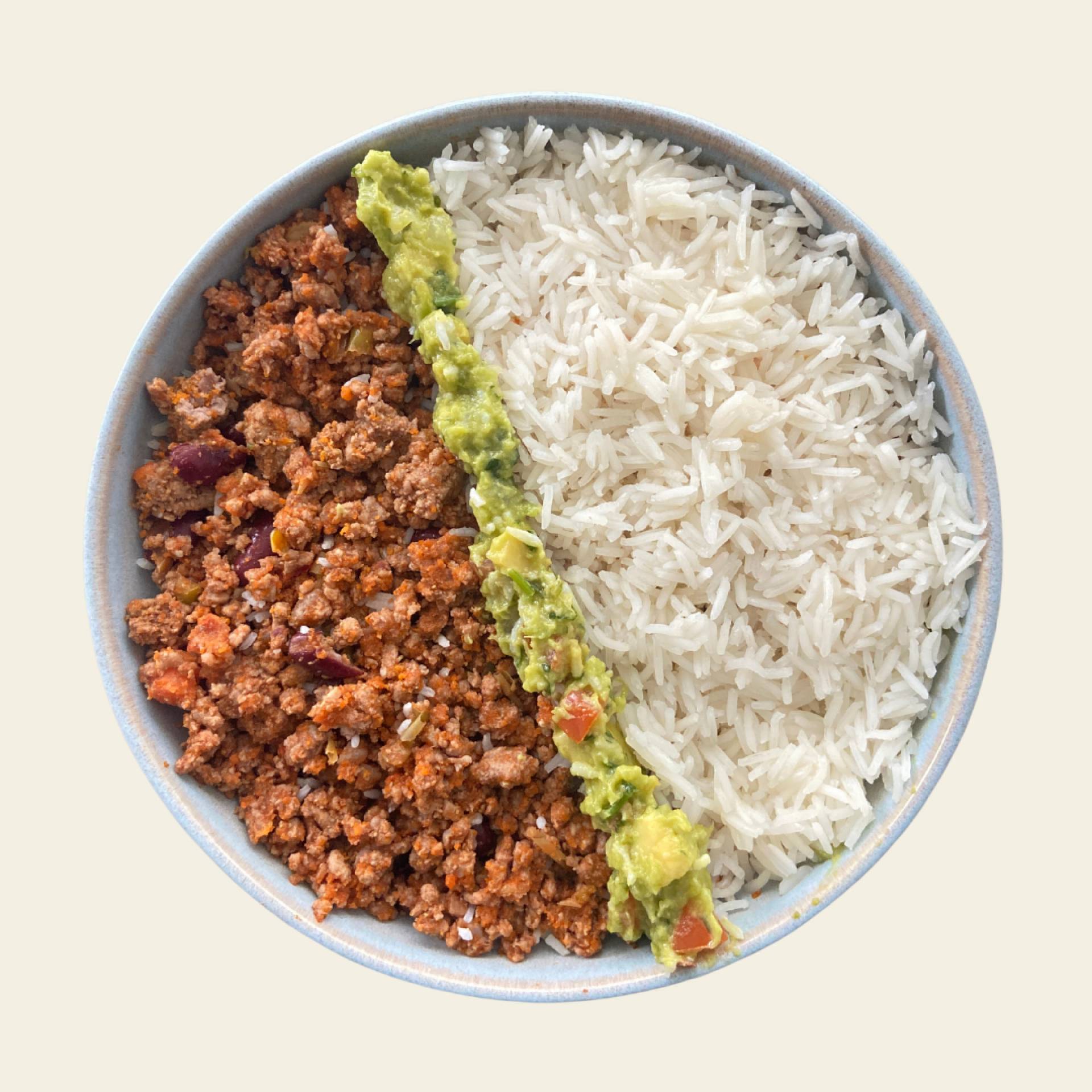 Chili con carne,white rice and guacamole