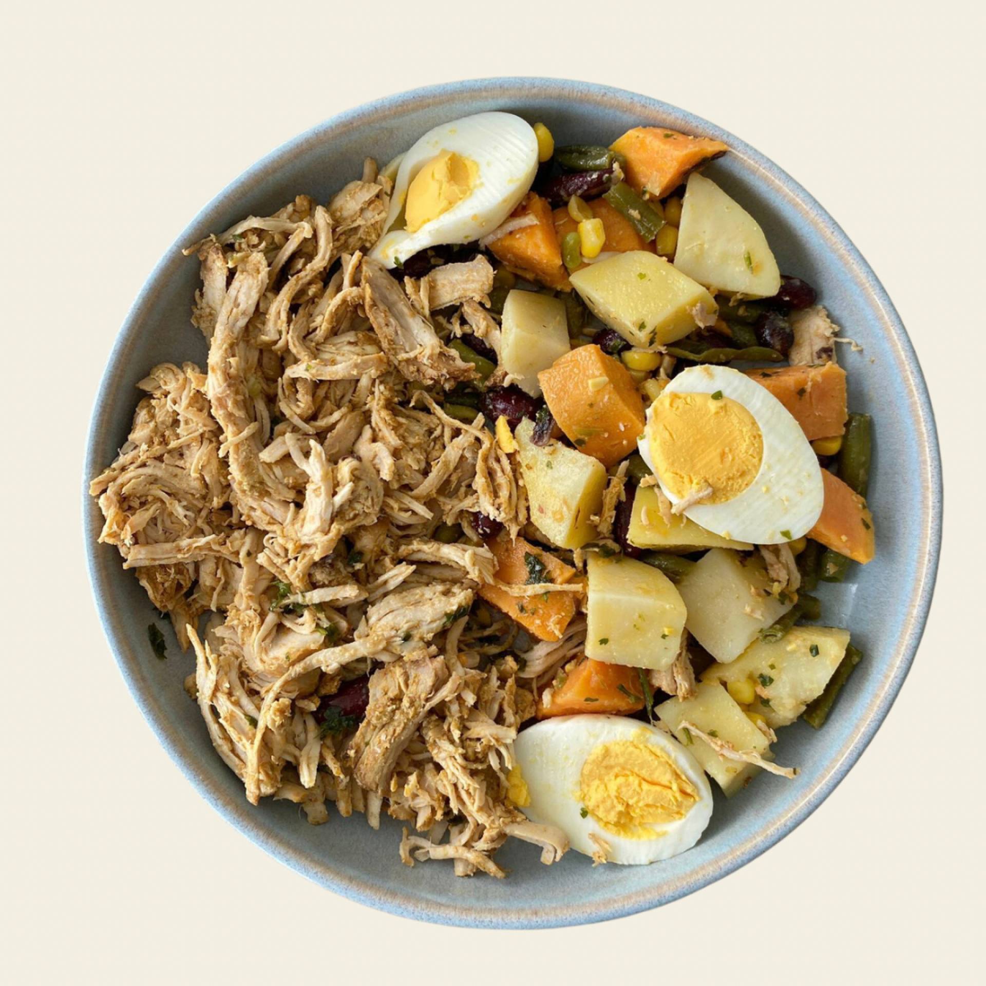 Pulled turkey,mexican salad, chimichurri sauce,hard-boiled eggs