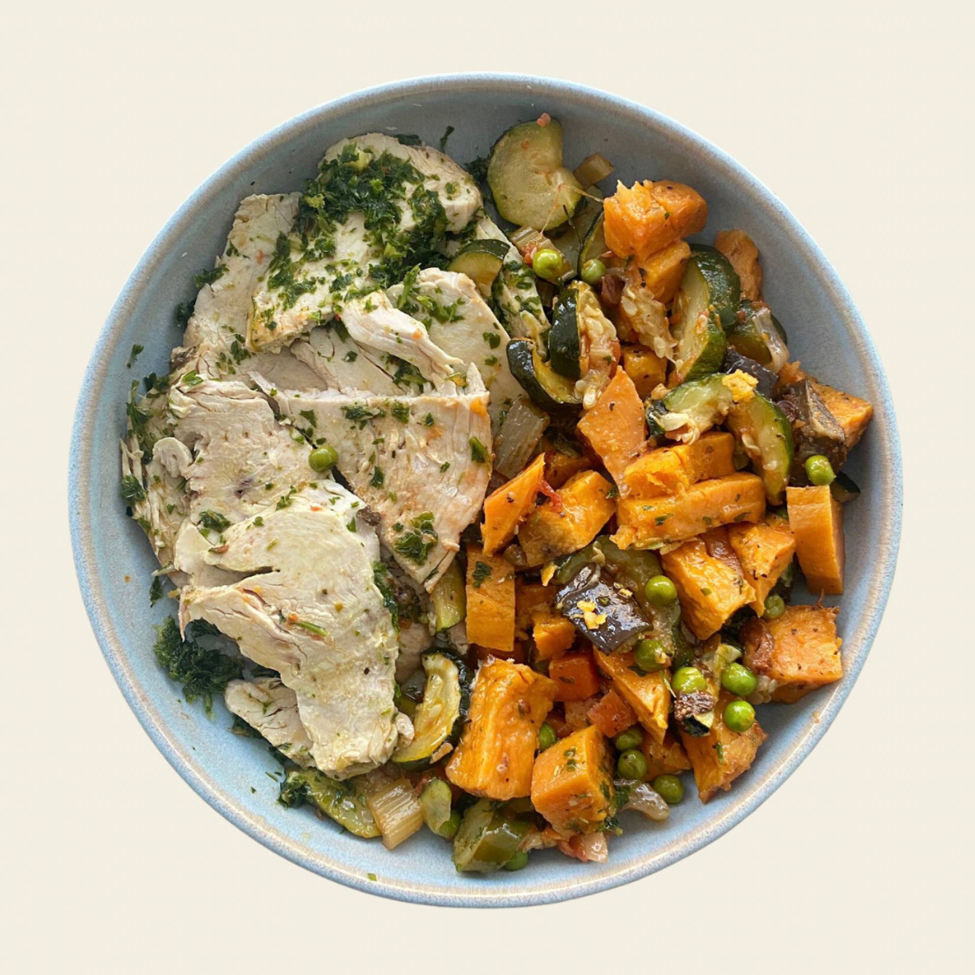 Roasted turkey, vegetable caponata, baked sweet potatoes,chimichurri sauce