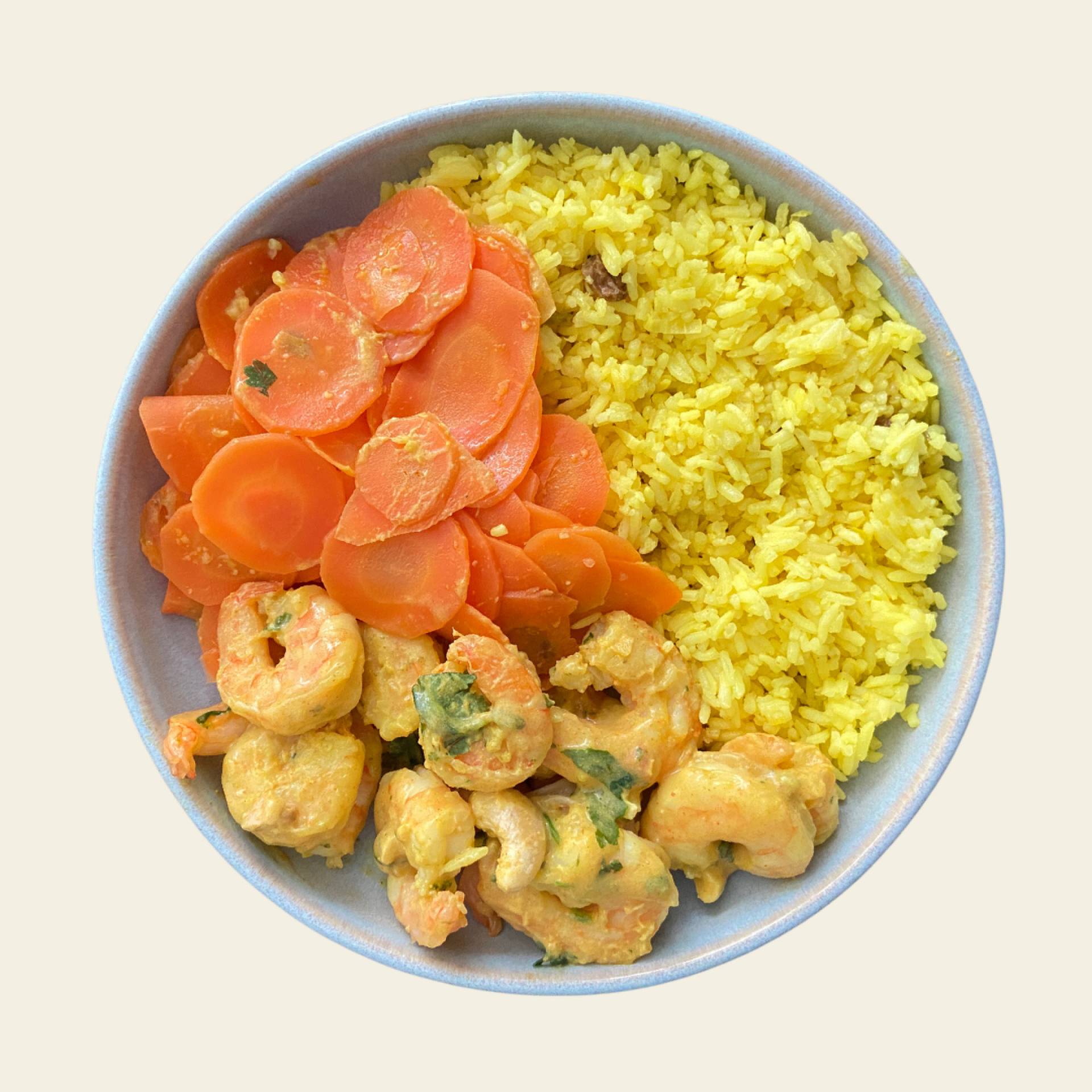 Shrimps curry,Saffron rice and ginger carrots