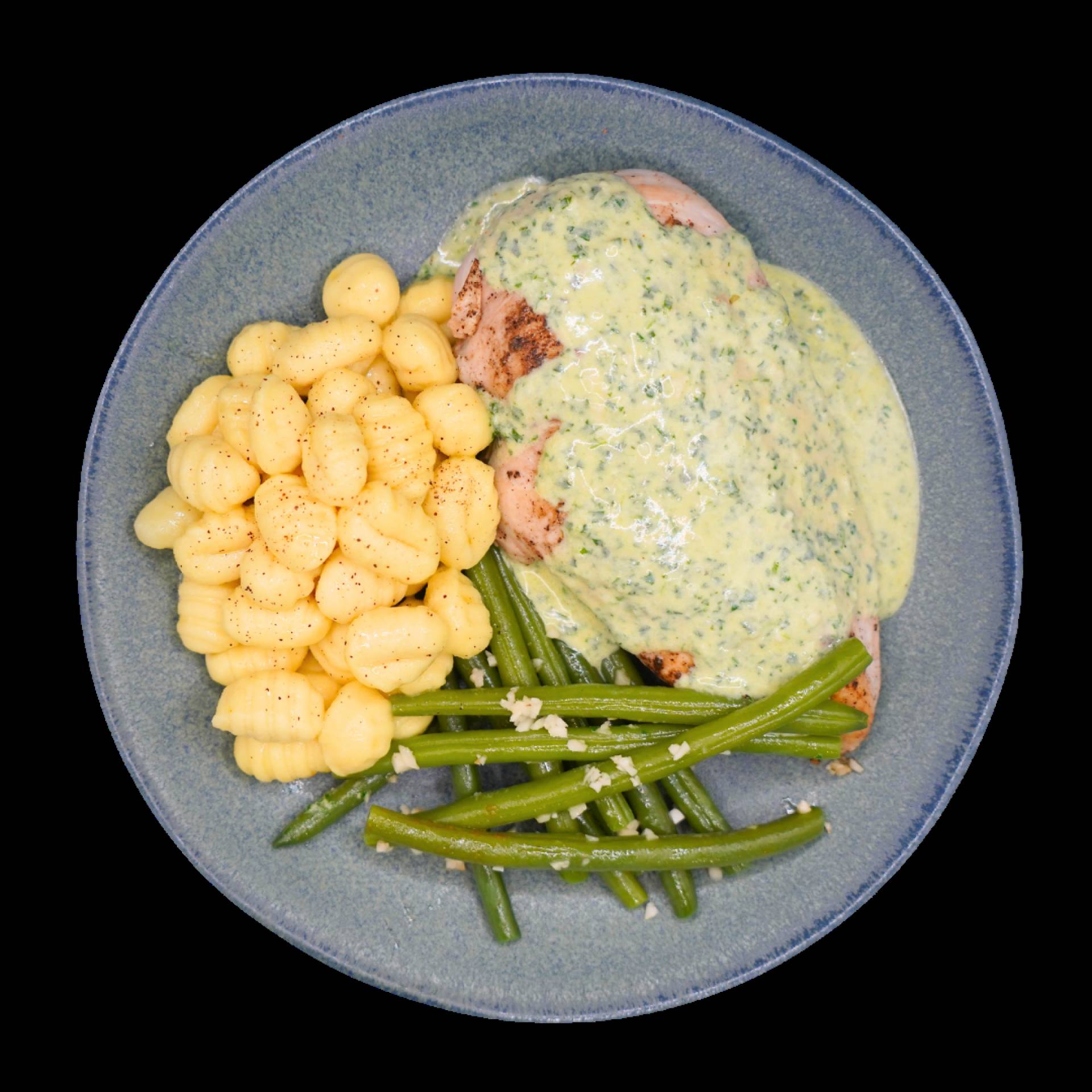 Poulet à la crème de pesto, gnocchis et haricots verts à l'ail