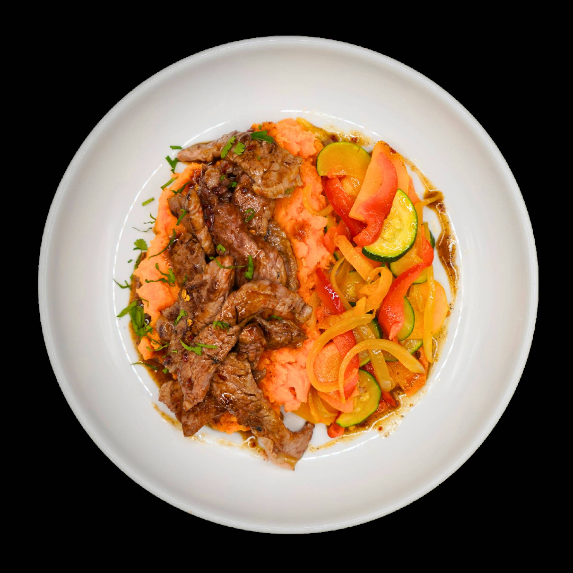 Boeuf aux 5 épices, écrasé de patate coco et légumes wok