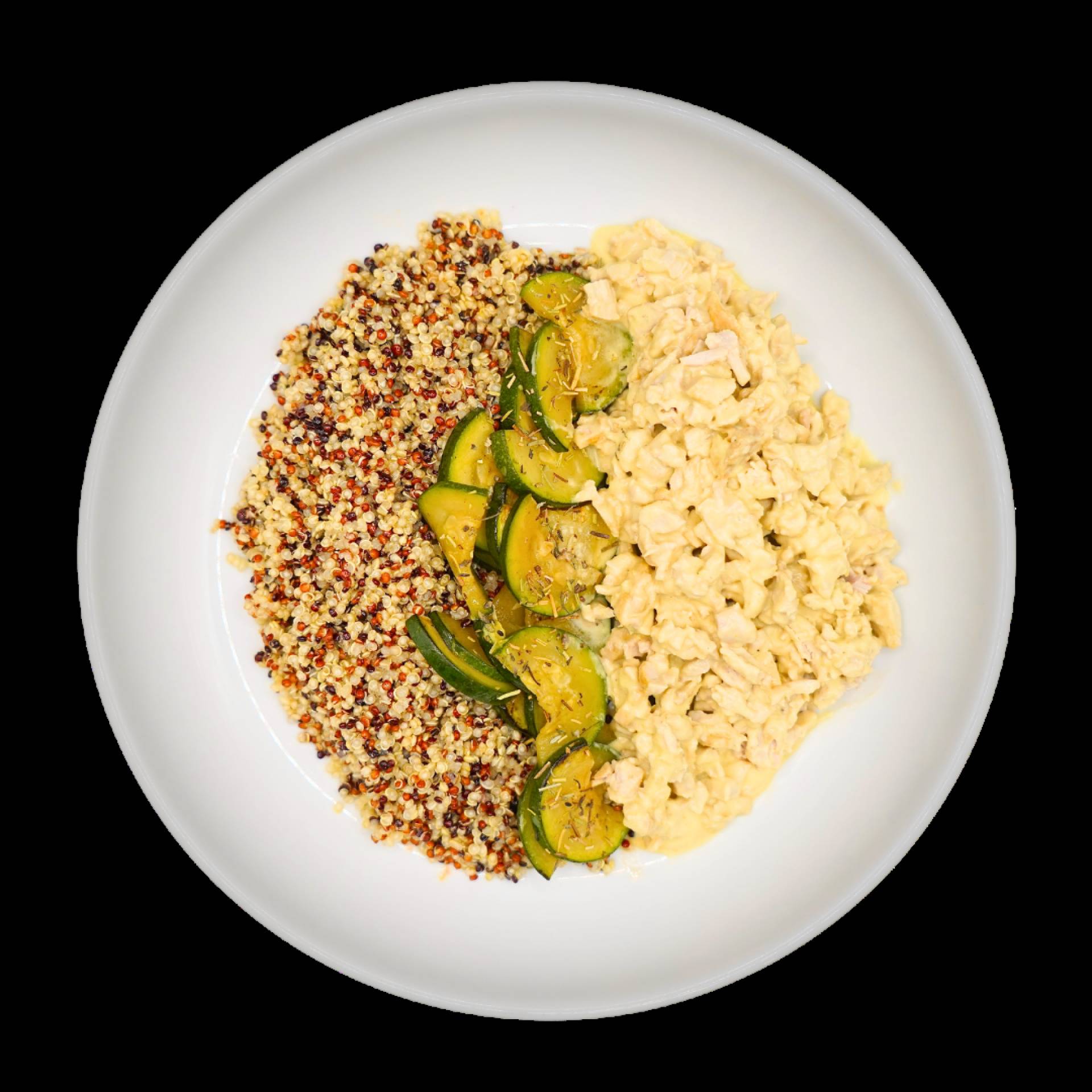 Porc haché à la moutarde, quinoa et courgettes au thym