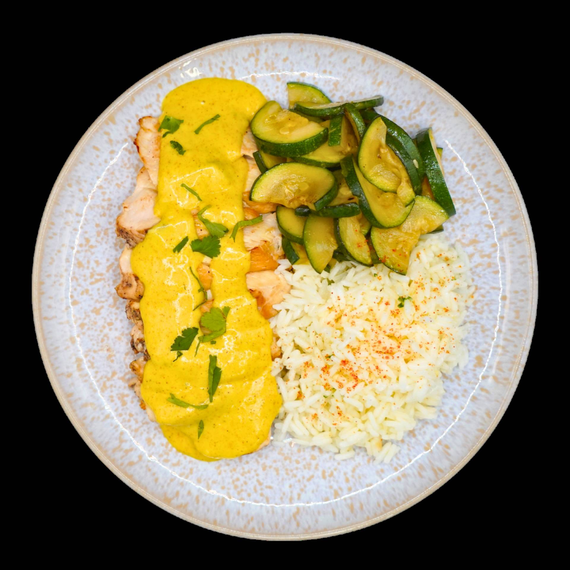 Emincé de poulet au curry, riz jasmin et courgettes sautées