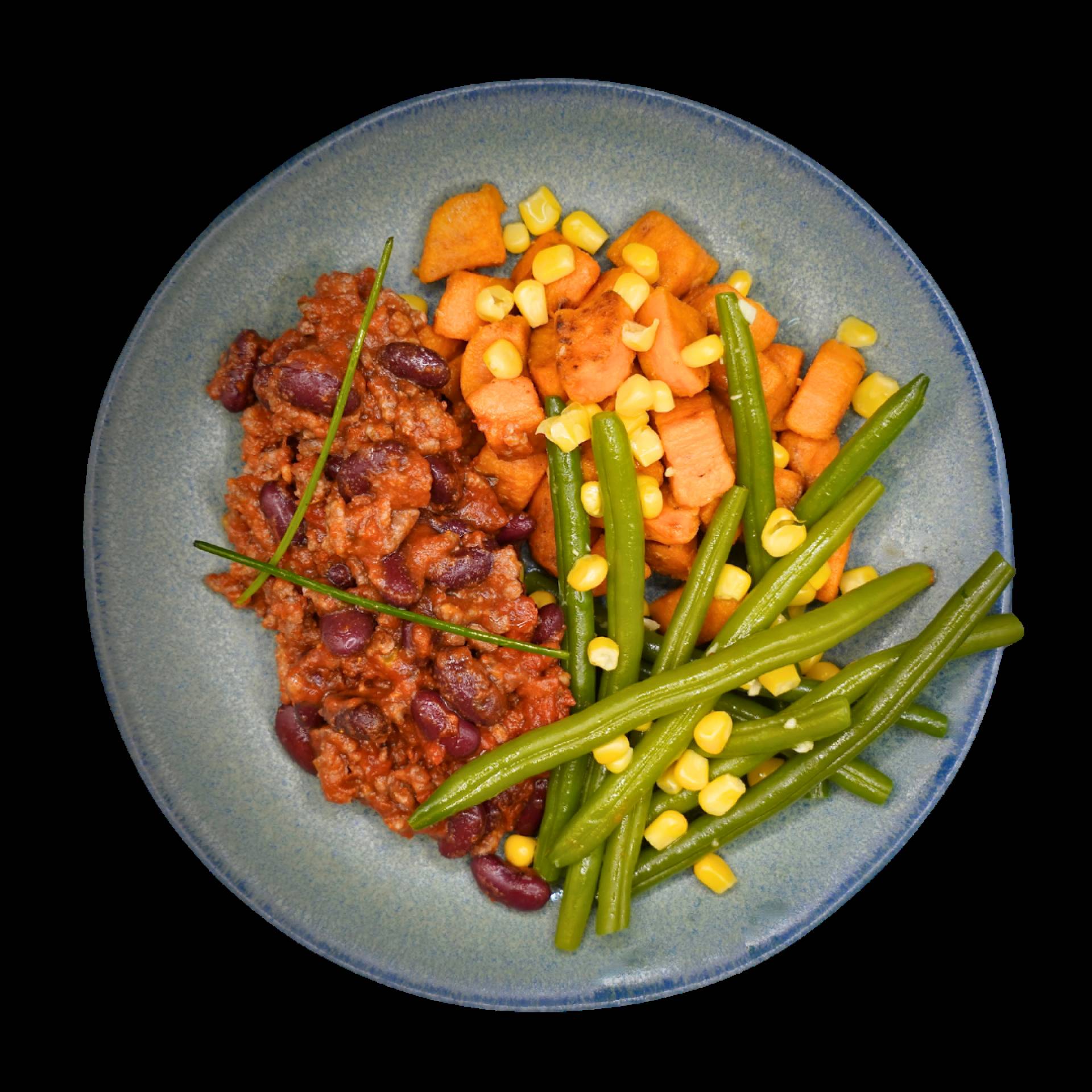 Chili con carne,patate douce rôtie et légumes á la Mexicaine