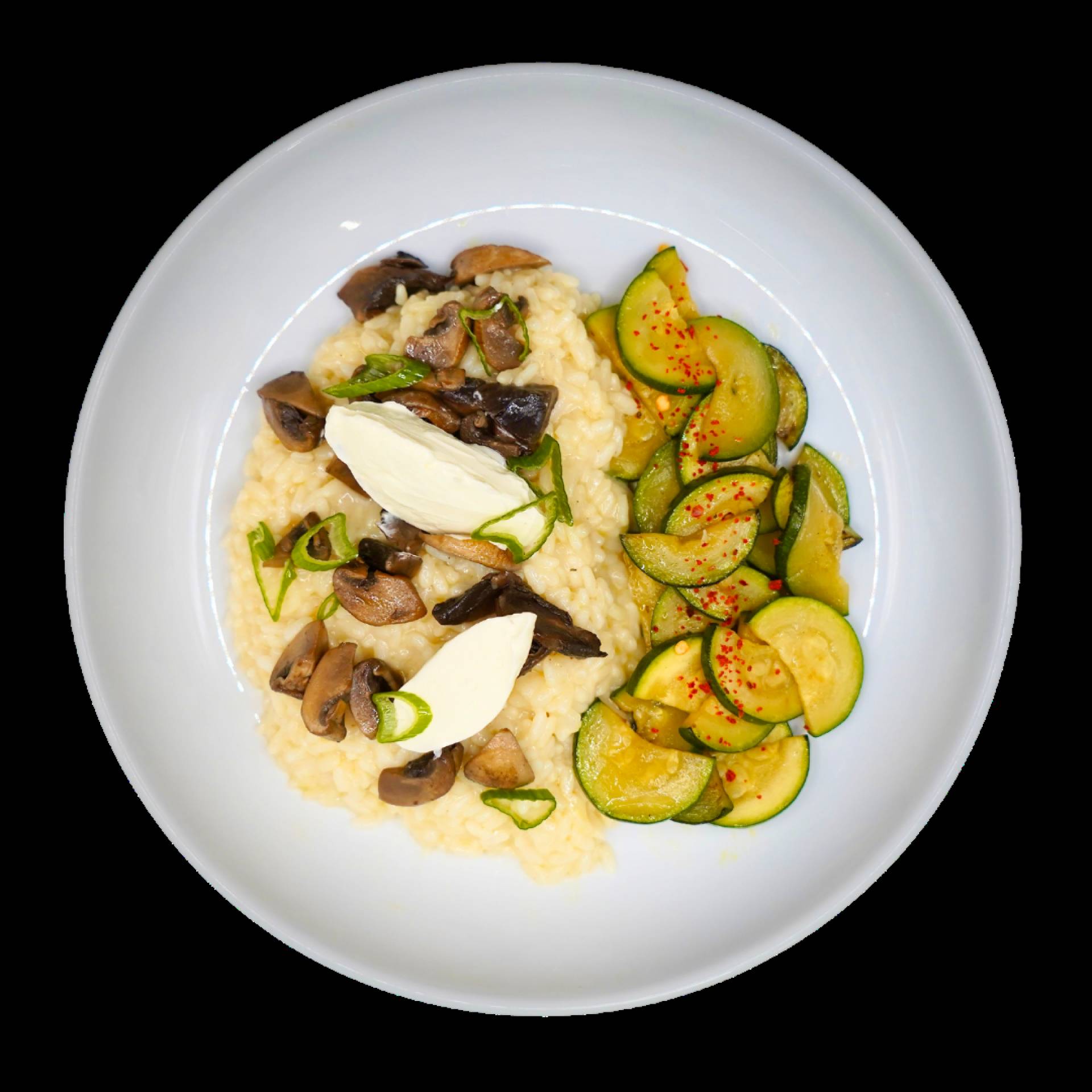 Risotto aux champignons et au fromage frais avec courgettes sautées