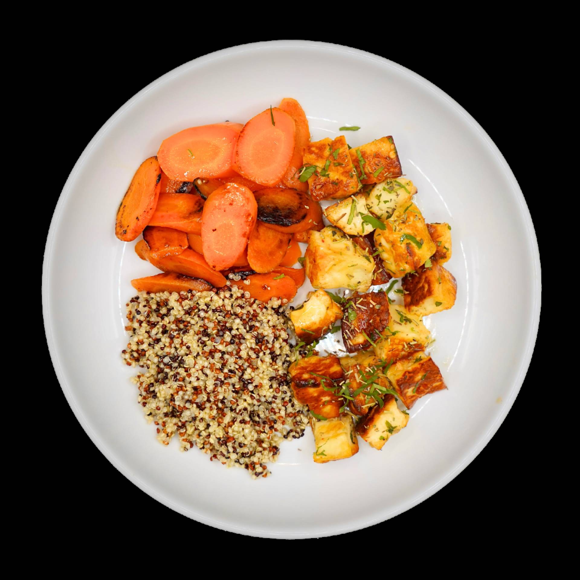 Halloumi aux herbes, quinoa et carottes à la vapeur