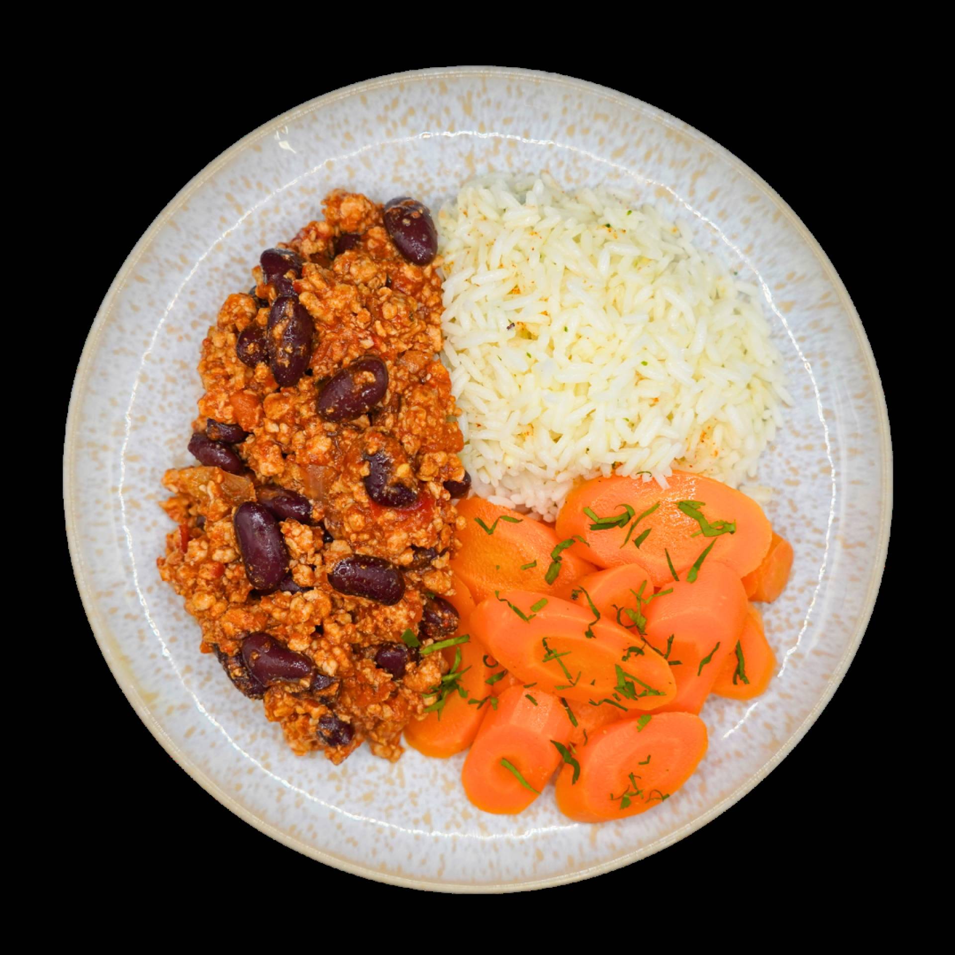 Chili de dinde, riz blanc et carottes vapeur