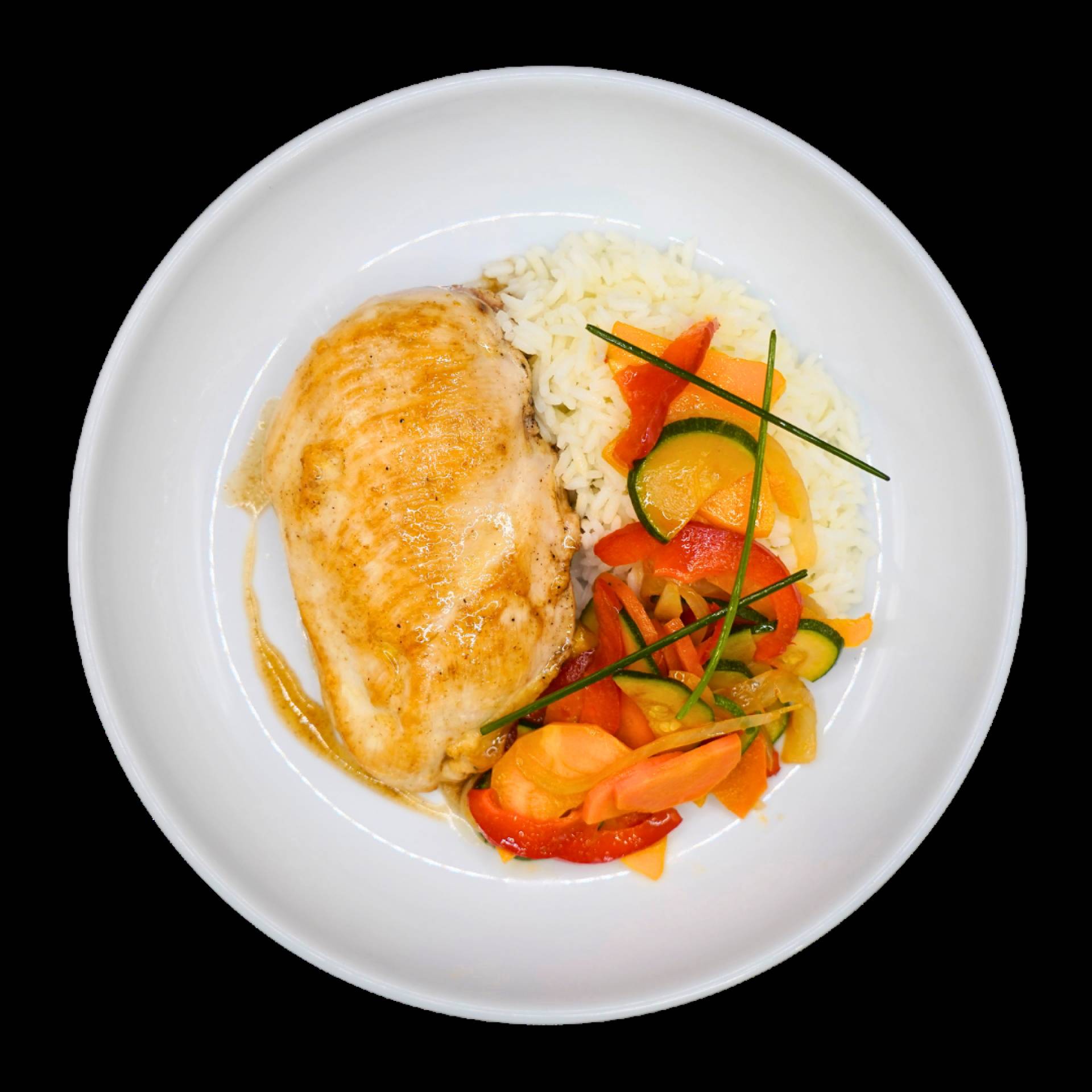 Poulet miel et gingembre, riz jasmin et légumes asiatique