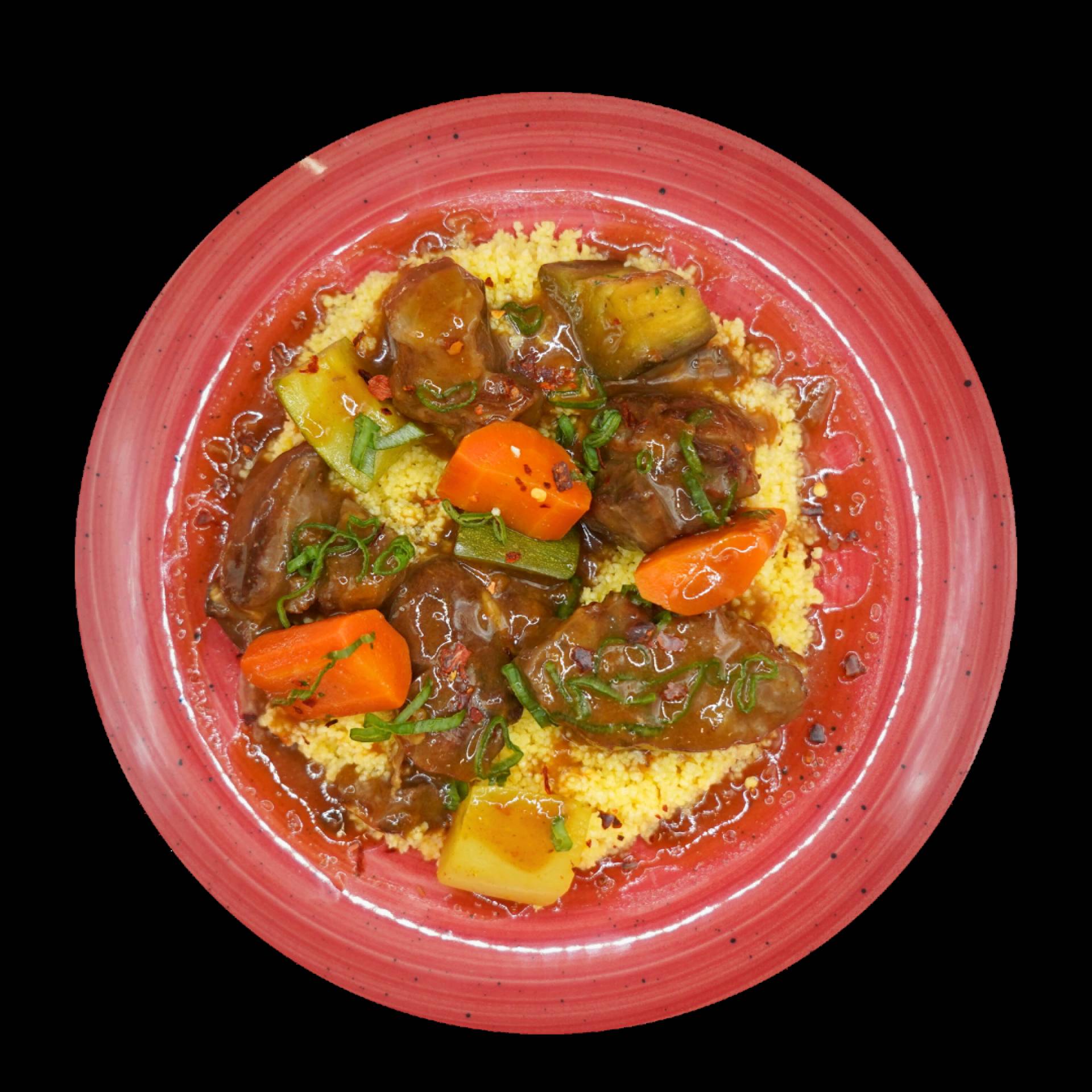 Tajine de boeuf, semoule de maïs et gros légumes