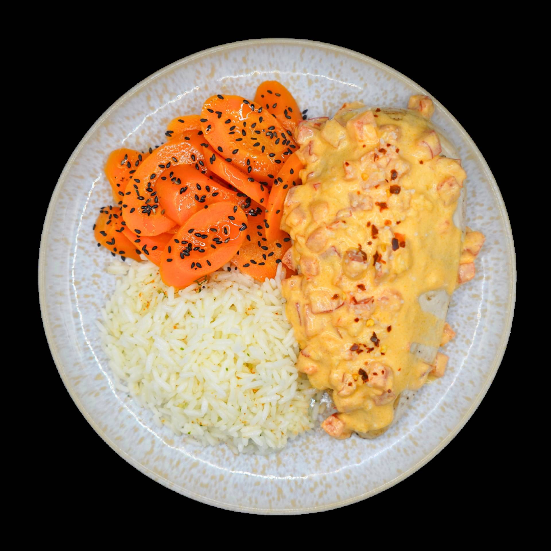 Dinde rotie sauce coco poivrons, riz jasmin et carottes au sésame