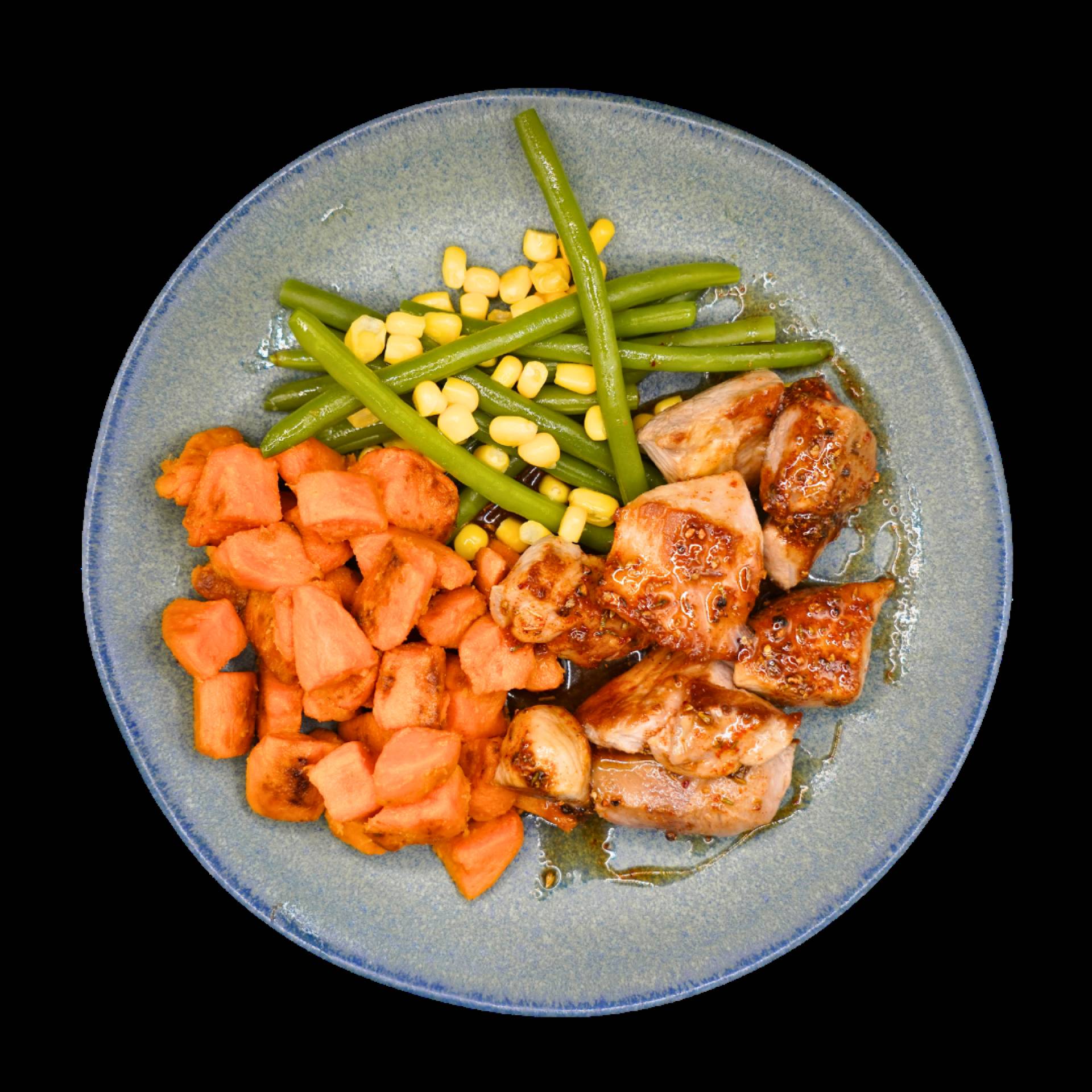 Emincé de porc cajun, patate douce, haricots verts et mais