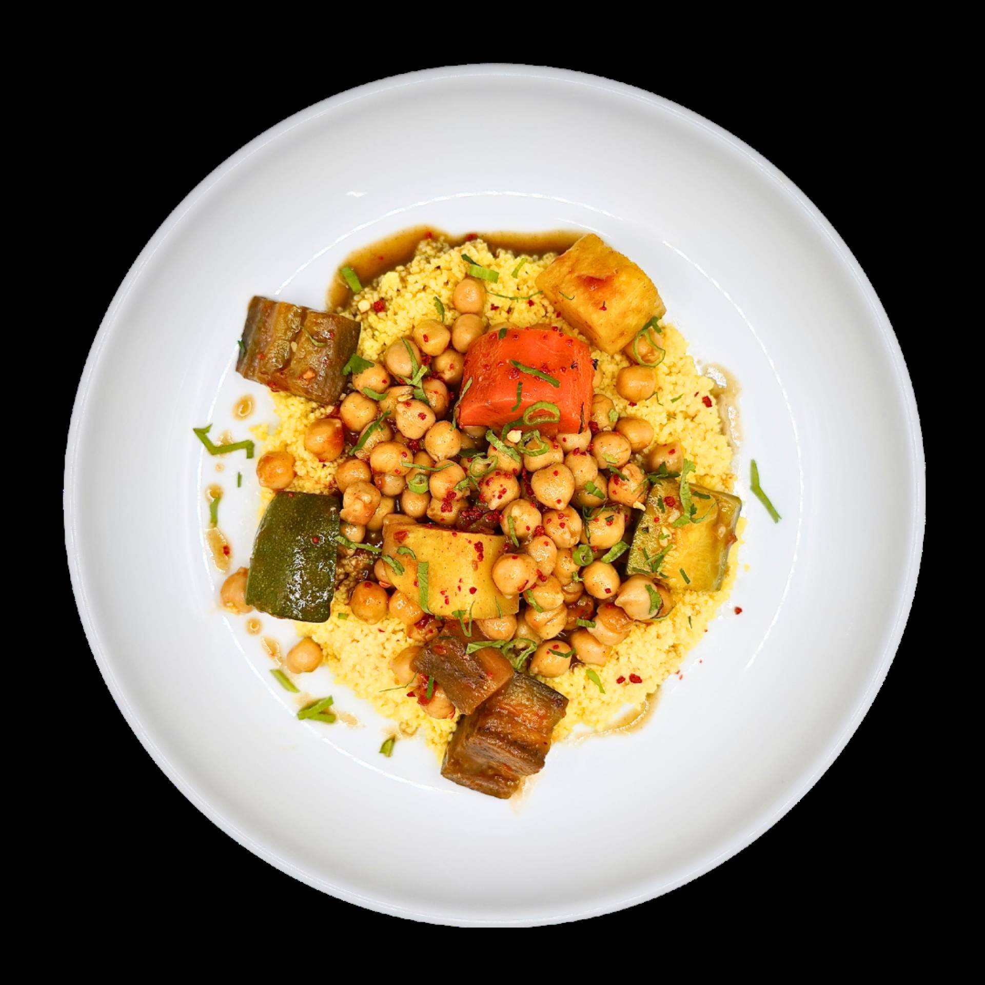 Tajine de pois chiche, semoule de maïs et gros légumes